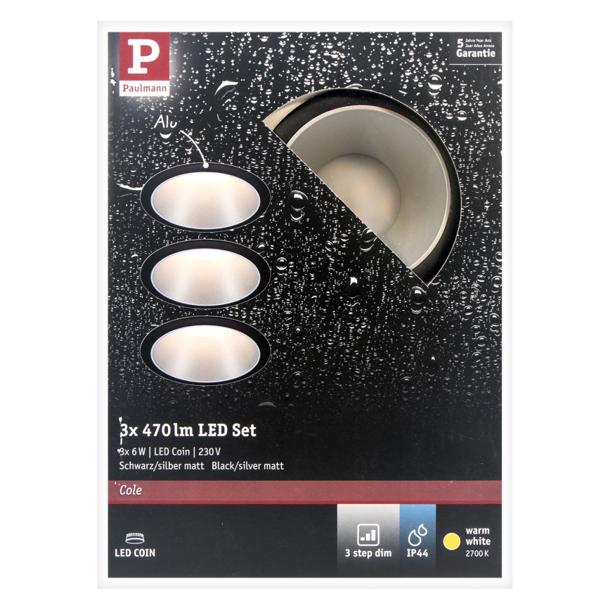 Paulmann 93408 - KIT 3xLED/6,5W IP44 Ljusreglerad bathroom upphängd taklampa COLE 230V