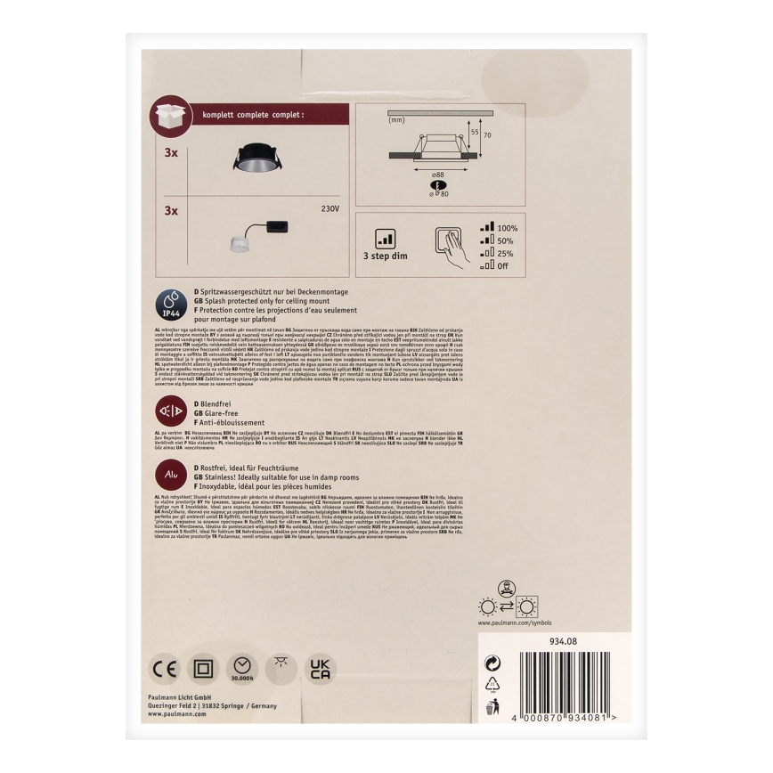 Paulmann 93408 - KIT 3xLED/6,5W IP44 Ljusreglerad bathroom upphängd taklampa COLE 230V