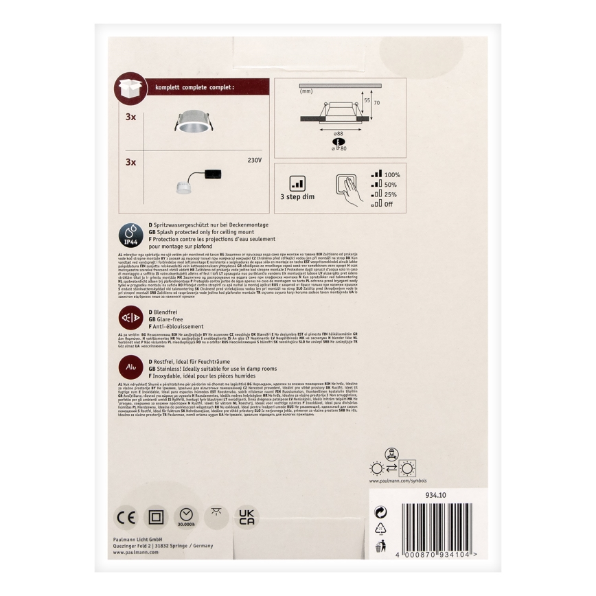Paulmann 93410 - KIT 3xLED/6,5W IP44 Ljusreglerad bathroom upphängd taklampa COLE 230V