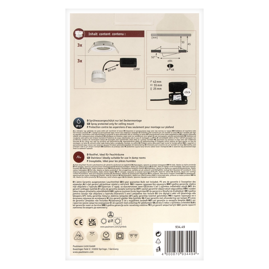 Paulmann 93449 - KIT 3xLED/6,5W IP23 Badrum infälld lampa NOVA 230V