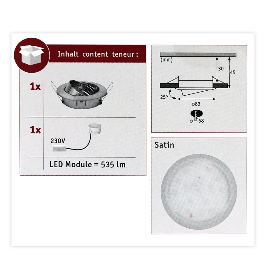 Paulmann 93979 - LED/6,8W IP23 Badrum infälld lampa  COIN 230V