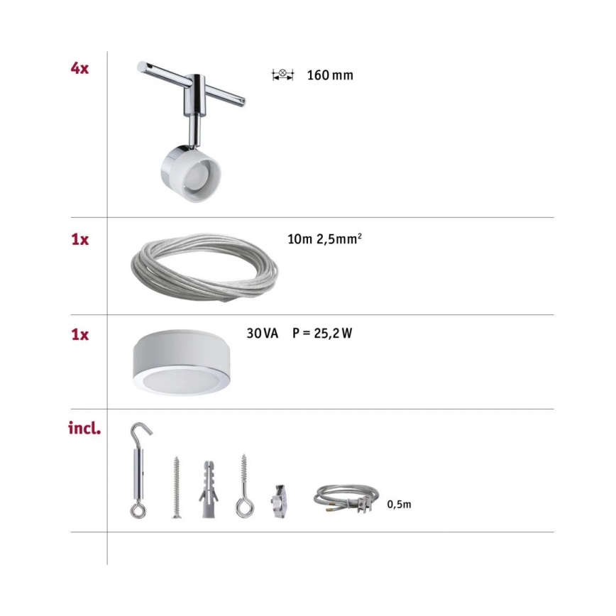 Paulmann 94080 - KIT 4xLED/4,8W Spotlight för skensystem STAGE 230V skinande krom