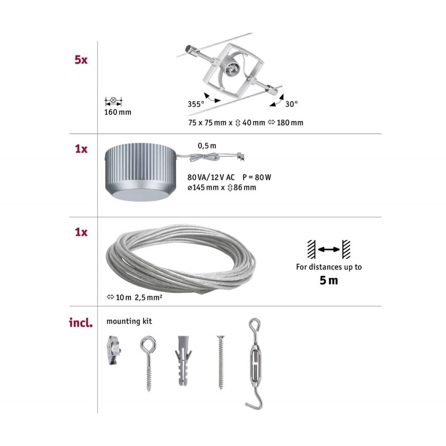 Paulmann 94133 - KIT 5xGU5,3/10W Spotlight för system med snöre MAC 230V matt krom