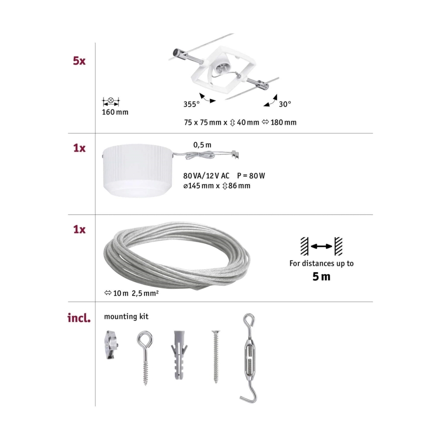 Paulmann 94134 - KIT 5xGU5,3/10W Spotlight för system med snöre MAC 230V vit