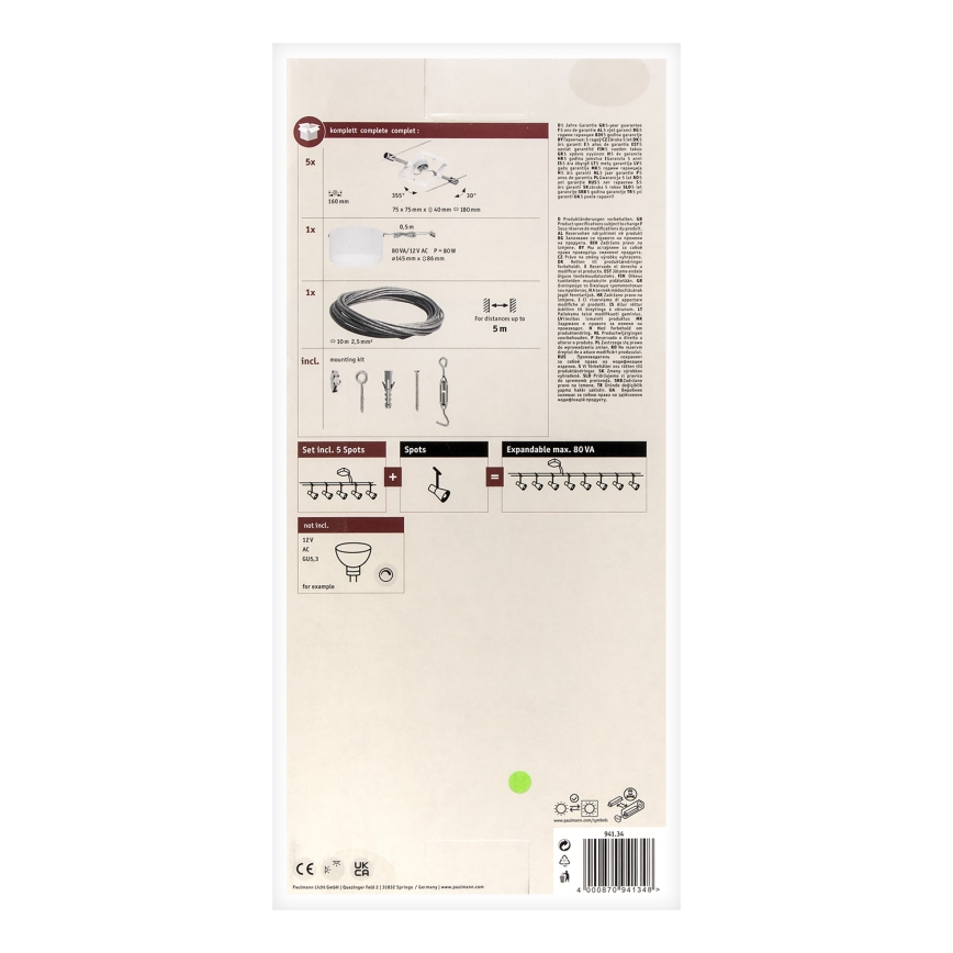 Paulmann 94134 - KIT 5xGU5,3/10W Spotlight för system med snöre MAC 230V vit