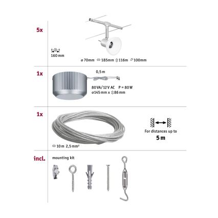 Paulmann 94136 - KIT 5xGU5,3/10W Spotlight för skensystem SHEELA 230V skinande krom