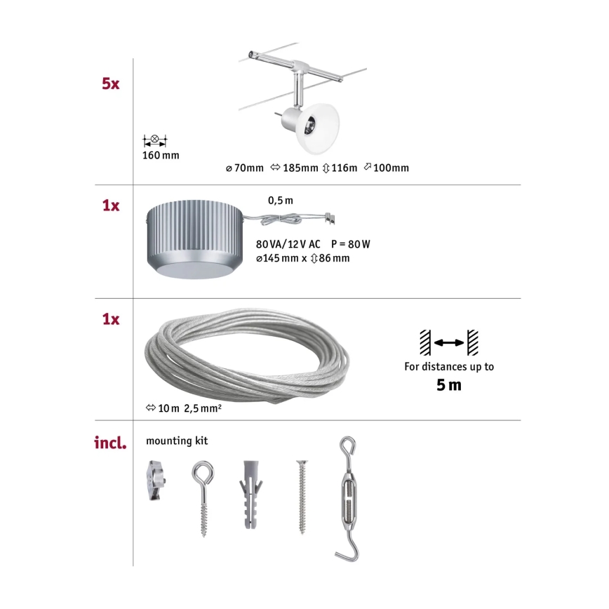 Paulmann 94136 - KIT 5xGU5,3/10W Spotlight för skensystem SHEELA 230V skinande krom