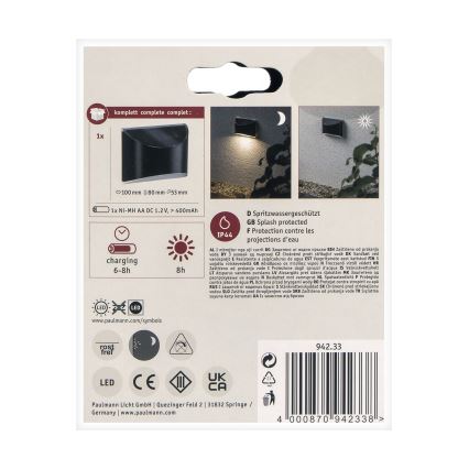 Paulmann 94233 - LED/0,05W IP44 Solcellsvägglampa ELLIOT 1,2V 400 mAh