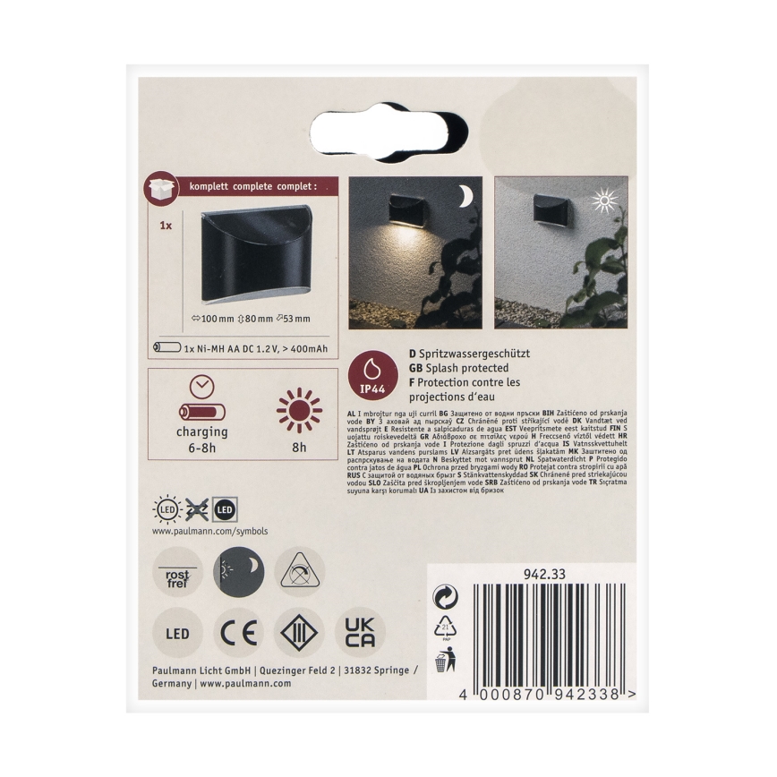 Paulmann 94233 - LED/0,05W IP44 Solcellsvägglampa ELLIOT 1,2V 400 mAh