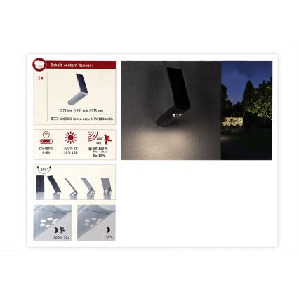 Paulmann 94261 - LED/1,2W IP44 Solcellsvägglampa med sensor ILIAS 3,7V 1800 mAh
