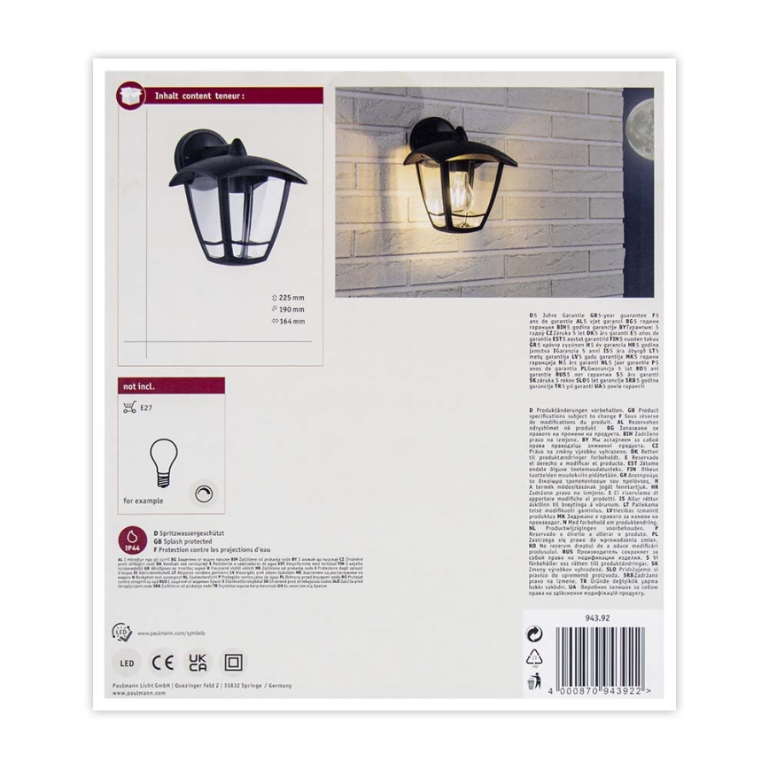 Paulmann 94392 - 1xE27/12W IP44 Vägglampa för utomhusbruk CLASSIC 230V