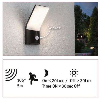 Paulmann 94402 - LED/10W IP44 Utomhus vägglampa med sensor ADYA 230V