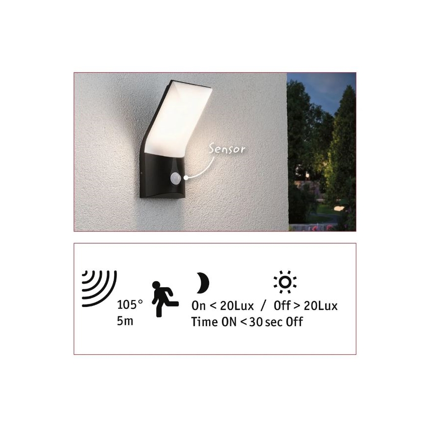 Paulmann 94402 - LED/10W IP44 Utomhus vägglampa med sensor ADYA 230V
