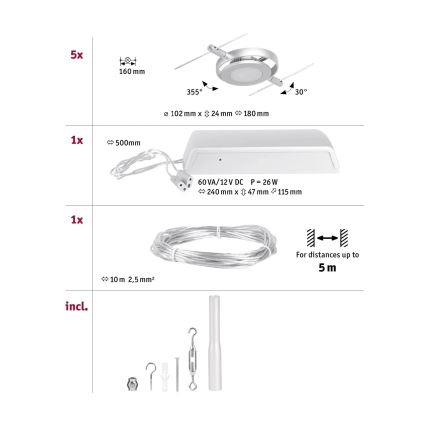 Paulmann 94414 - KIT 5xLED/4,5W Spotlight för system med snöre ROUNDMAC 230V skinande krom