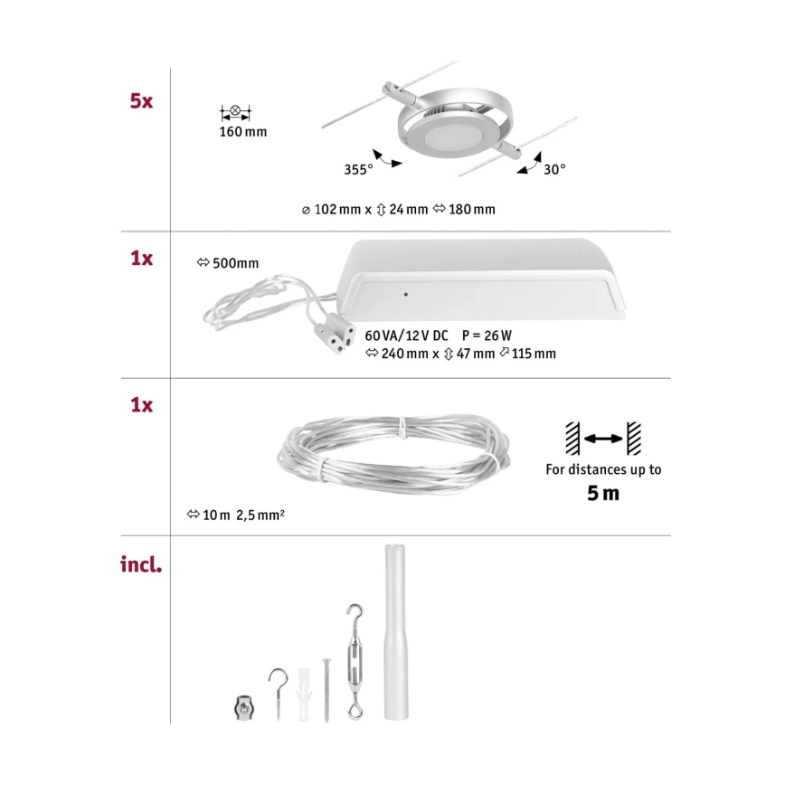 Paulmann 94414 - KIT 5xLED/4,5W Spotlight för system med snöre ROUNDMAC 230V skinande krom