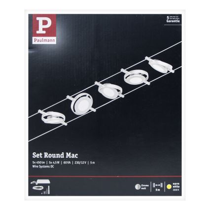 Paulmann 94414 - KIT 5xLED/4,5W Spotlight för system med snöre ROUNDMAC 230V skinande krom