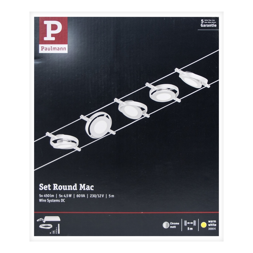 Paulmann 94414 - KIT 5xLED/4,5W Spotlight för system med snöre ROUNDMAC 230V skinande krom