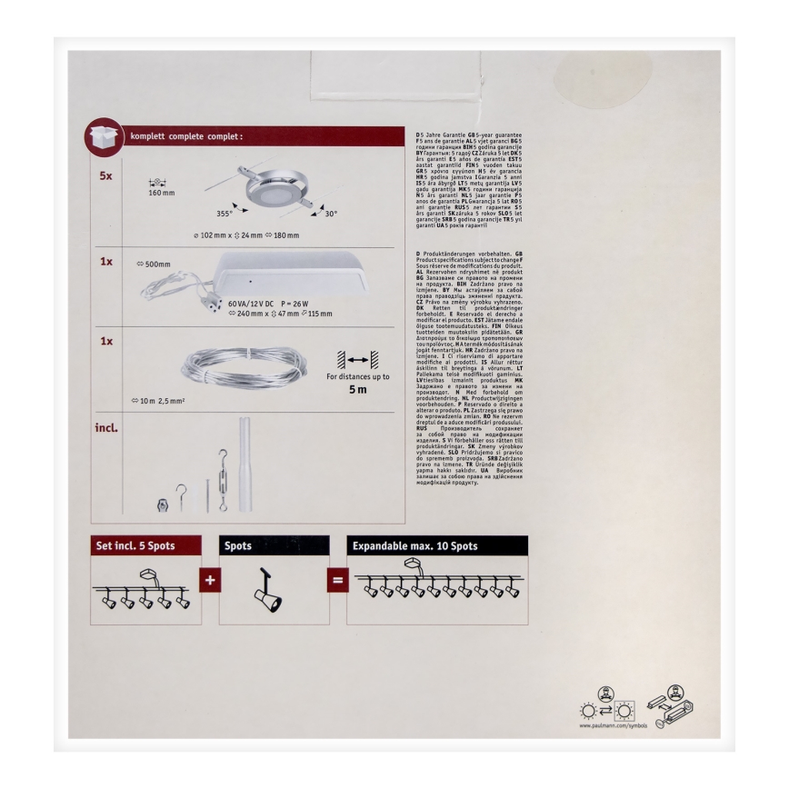 Paulmann 94414 - KIT 5xLED/4,5W Spotlight för system med snöre ROUNDMAC 230V skinande krom