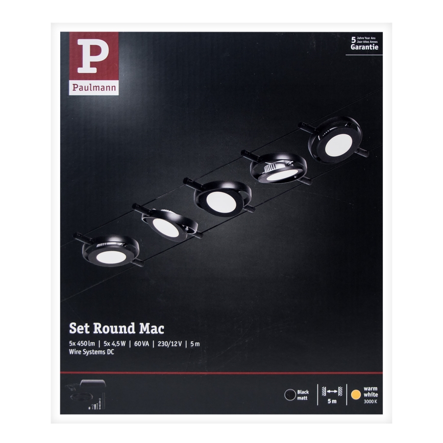 Paulmann 94418 - KIT 5xLED/4,5W Spotlight för system med snöre ROUNDMAC 230V svart