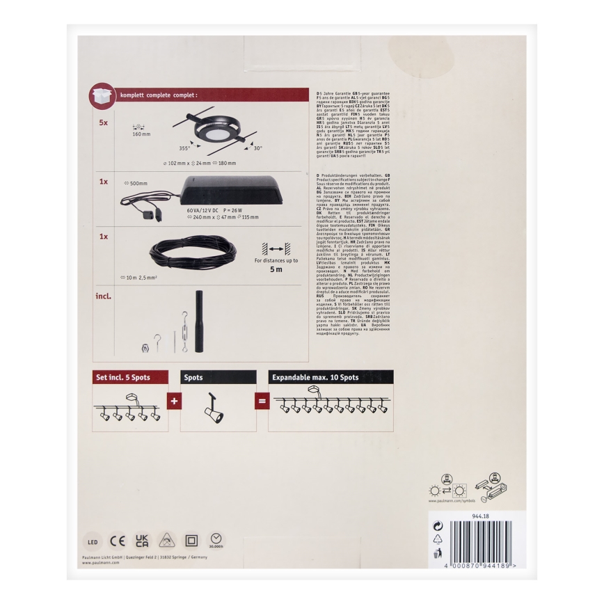 Paulmann 94418 - KIT 5xLED/4,5W Spotlight för system med snöre ROUNDMAC 230V svart