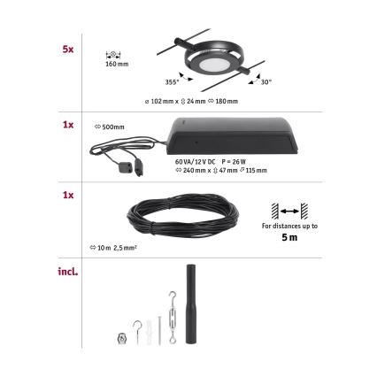 Paulmann 94418 - KIT 5xLED/4,5W Spotlight för system med snöre ROUNDMAC 230V svart