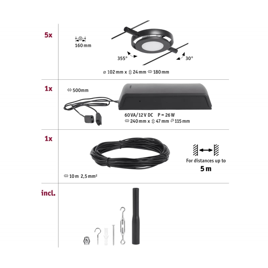 Paulmann 94418 - KIT 5xLED/4,5W Spotlight för system med snöre ROUNDMAC 230V svart