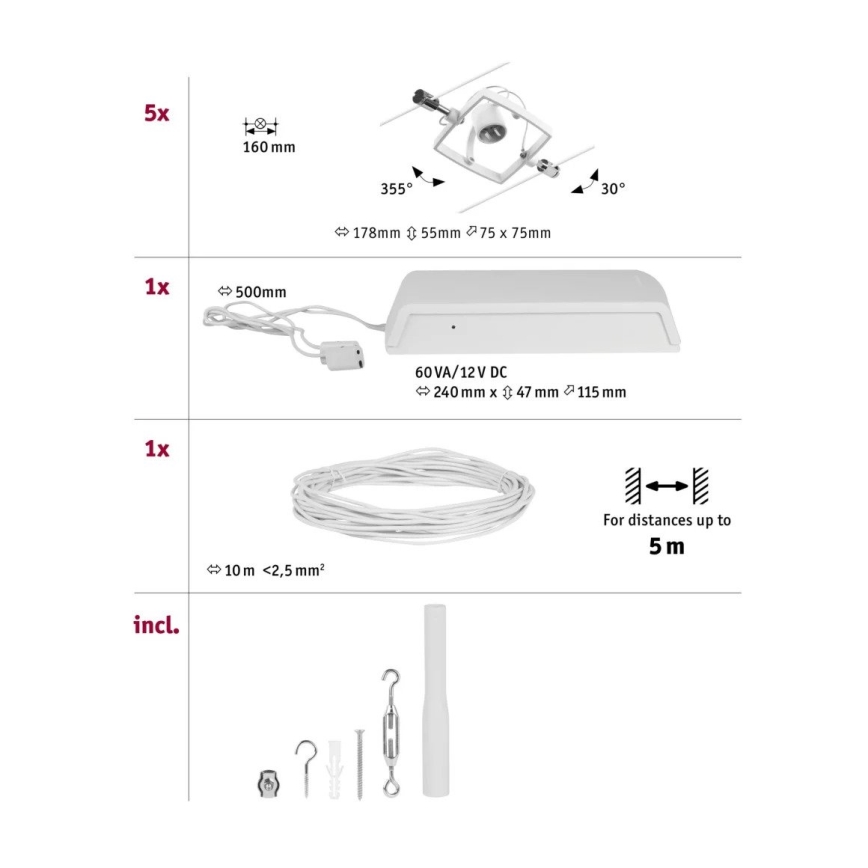 Paulmann 94432 - KIT 5xGU5,3/10W Spotlight för skensystem MAC 230V vit