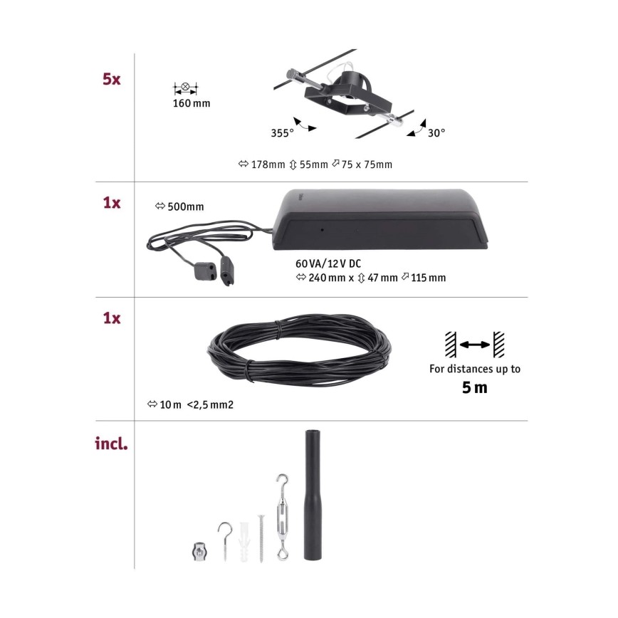 Paulmann 94434 - KIT 5xGU5,3/10W Spotlight för system med snöre MAC 230V svart