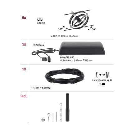 Paulmann 94440 - KIT 5xGU5,3/10W Spotlight för skensystem CARDAN 230V svart