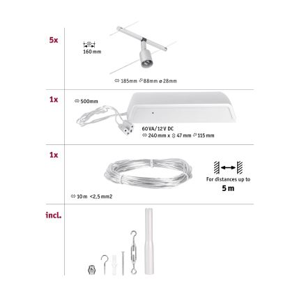 Paulmann 94442 - KIT 5xGU5,3/10W Spotlight för skensystem SALT 230V matt krom