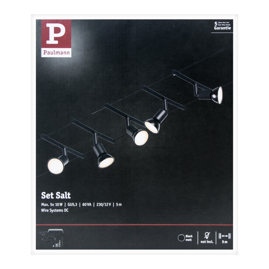 Paulmann 94446 - KIT 5xGU5,3/10W Spotlight för system med snöre SALT 230V svart