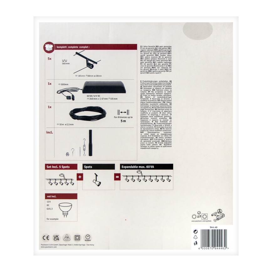 Paulmann 94446 - KIT 5xGU5,3/10W Spotlight för system med snöre SALT 230V svart