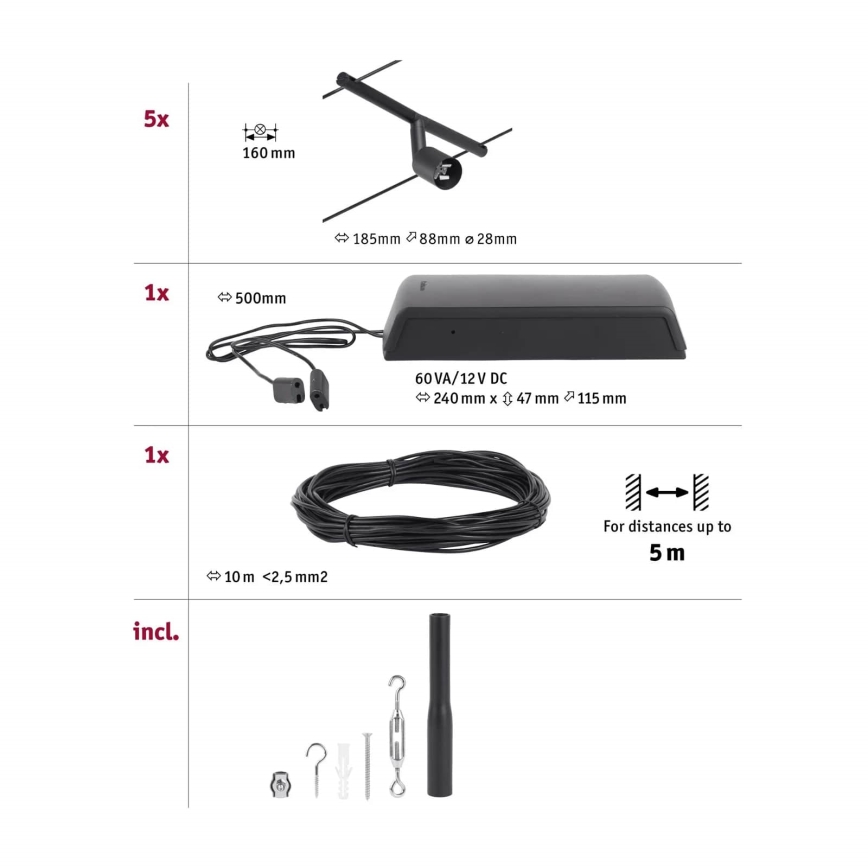 Paulmann 94446 - KIT 5xGU5,3/10W Spotlight för system med snöre SALT 230V svart