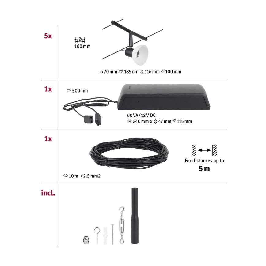 Paulmann 94450 - KIT 5xGU5,3/10W Spotlight för skensystem SHEELA 230V svart