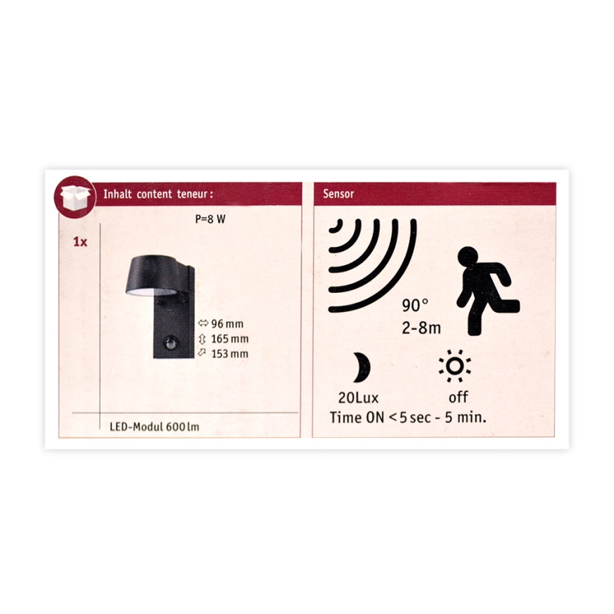Paulmann 94453 - LED/6W IP44 Utomhus Väggbelysning med sensor CAPEA 230V