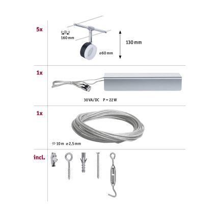 Paulmann 94457 - Set med 5xLED/4W spotlights för vajersystemet CLEAR 230V, svart/blank krom