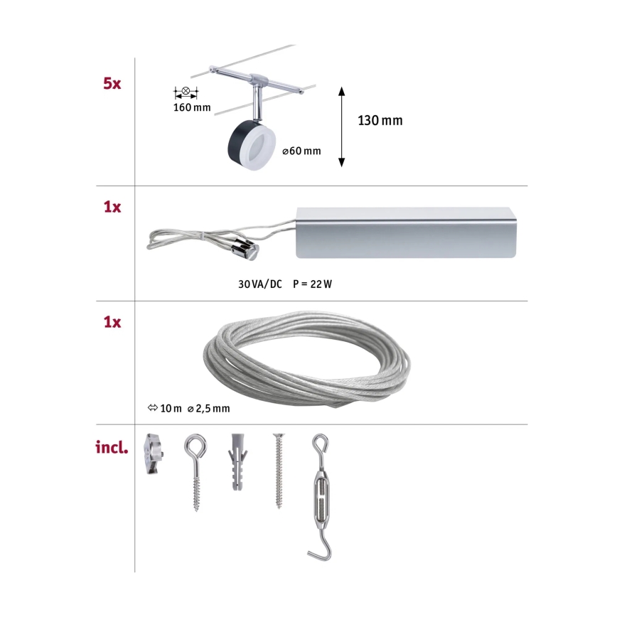 Paulmann 94457 - Set med 5xLED/4W spotlights för vajersystemet CLEAR 230V, svart/blank krom