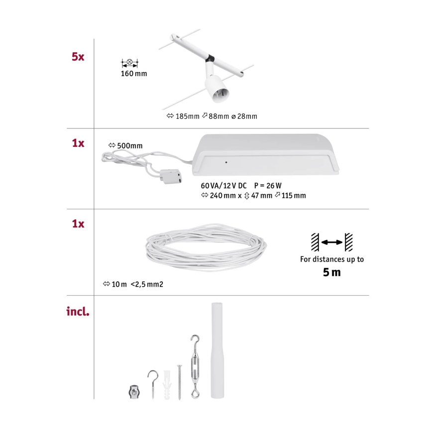 Paulmann 94458 - KIT 5xGU5,3/10W Spotlight för skensystem SALT 230V vit