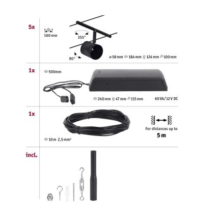 Paulmann 94469 - KIT 5xGU5,3/10W Spotlight för skensystem CUP 230V svart