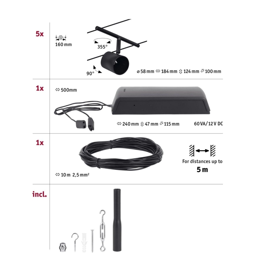 Paulmann 94469 - KIT 5xGU5,3/10W Spotlight för skensystem CUP 230V svart