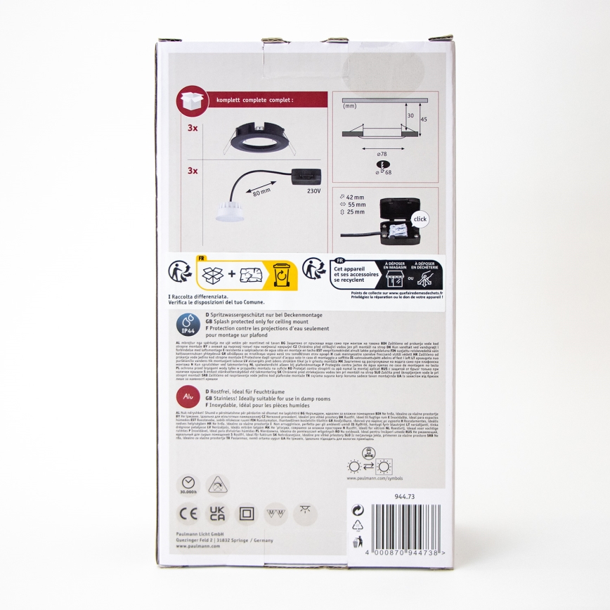 Paulmann 94473 - KIT 3xLED/6W IP44 Badrum infälld lampa NOVA 230V