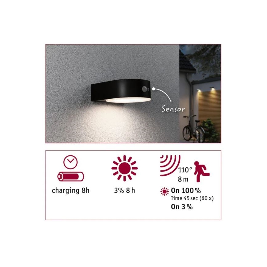 Paulmann 94570 - LED/5,5W IP44 Solcellsvägglampa med sensor EILEEN 3,7V 2000 mAh