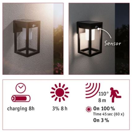Paulmann 94572 -LED/5,5W IP44 Solcellsvägglampa med sensor MARISOL 3,7V