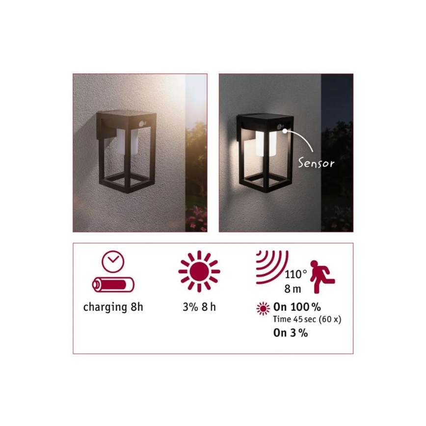 Paulmann 94572 -LED/5,5W IP44 Solcellsvägglampa med sensor MARISOL 3,7V
