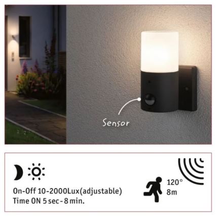 Paulmann 94648 - 1xE27/15W IP44 Utomhus vägglampa med sensor TUBS 230V