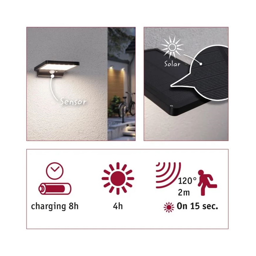 Paulmann 95393 - LED/4W IP44 Dimbar solcellsvägglampa med sensor SOLVEIG 3,7V