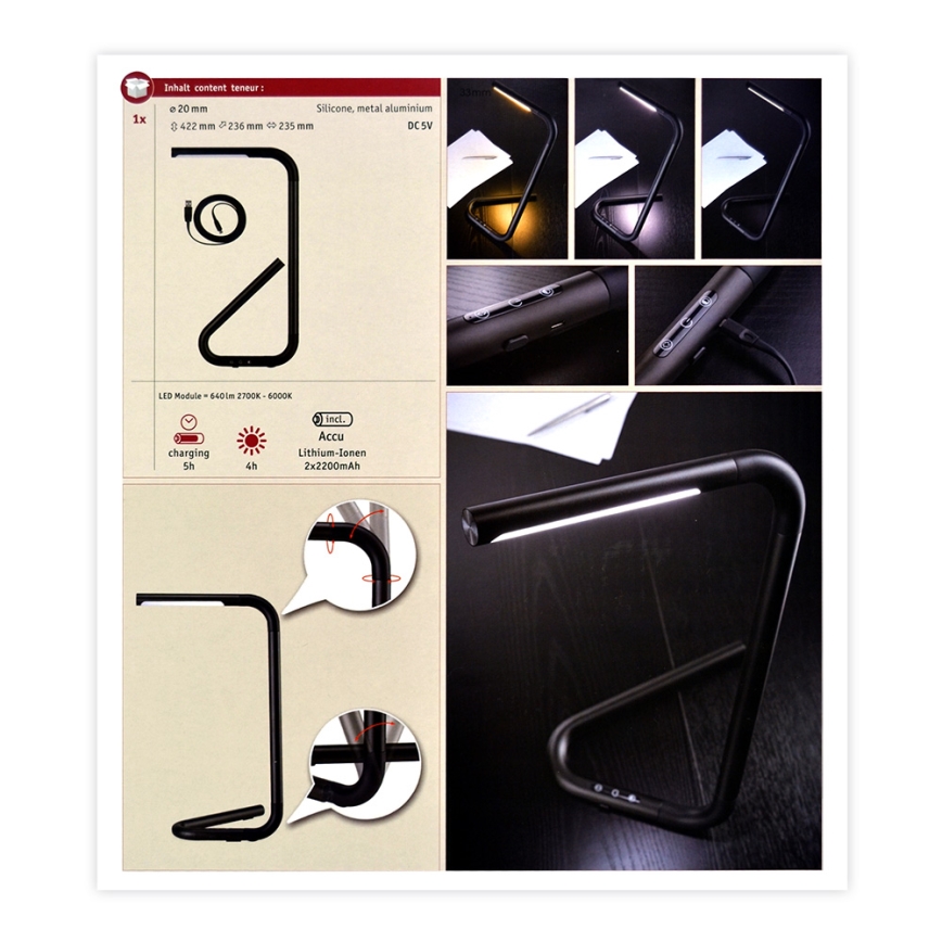 Paulmann 95424 - LED/4,5W Dimbart touchbordslampa FLEXLINK 5V/USB 4400 mAh svart