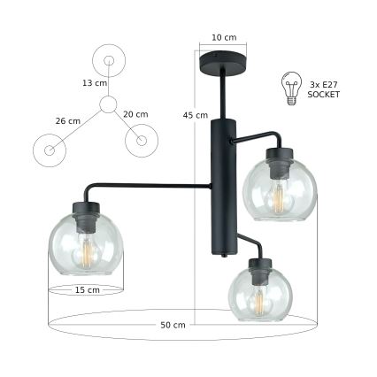 Pendelkrona FLEX 3xE27/60W/230V svart/genomskinlig