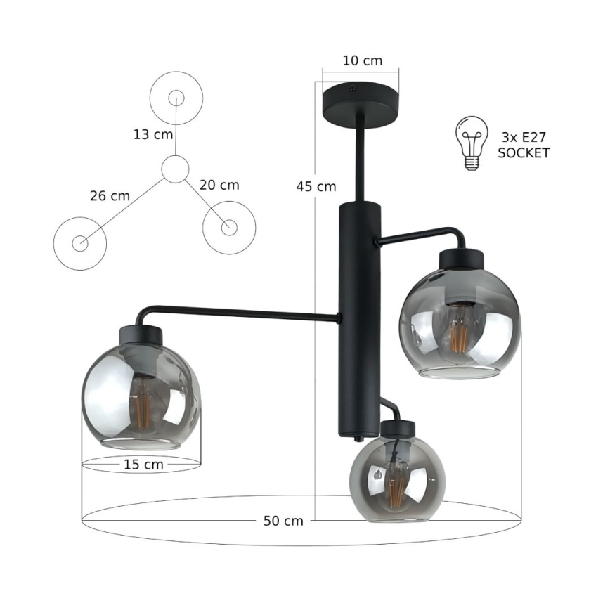 Pendelkrona FLEX 3xE27/60W/230V svart/rökig svart