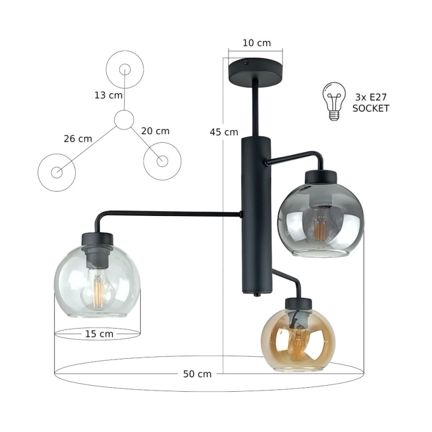 Pendelkrona FLEX 3xE27/60W/230V svart/rökig svart/rökig beige/genomskinlig
